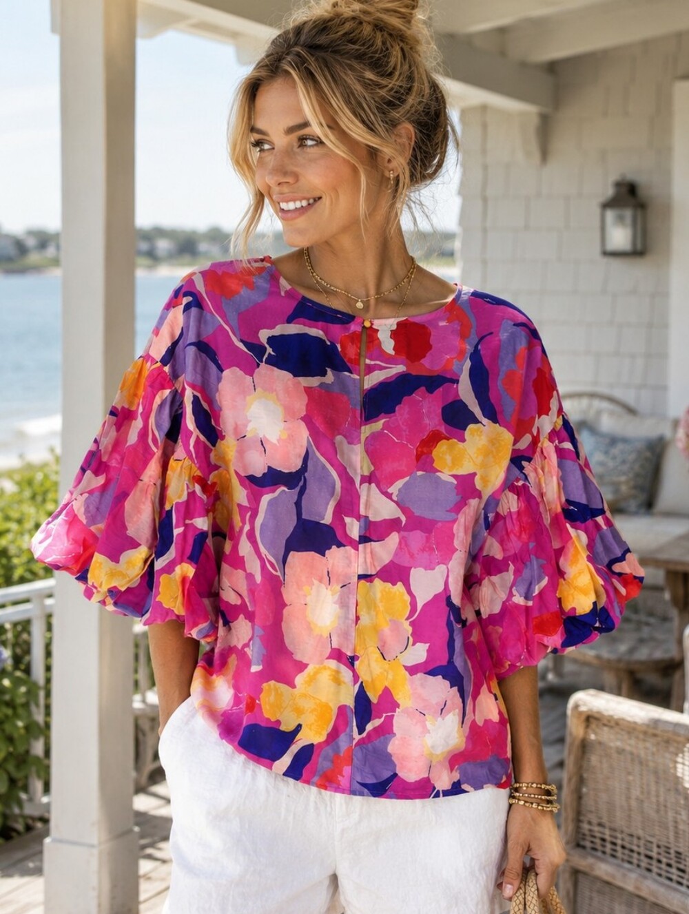 TCEC Fuchsia Pink Floral Flutter-Sleeve Blouse - Picture 2 of 7